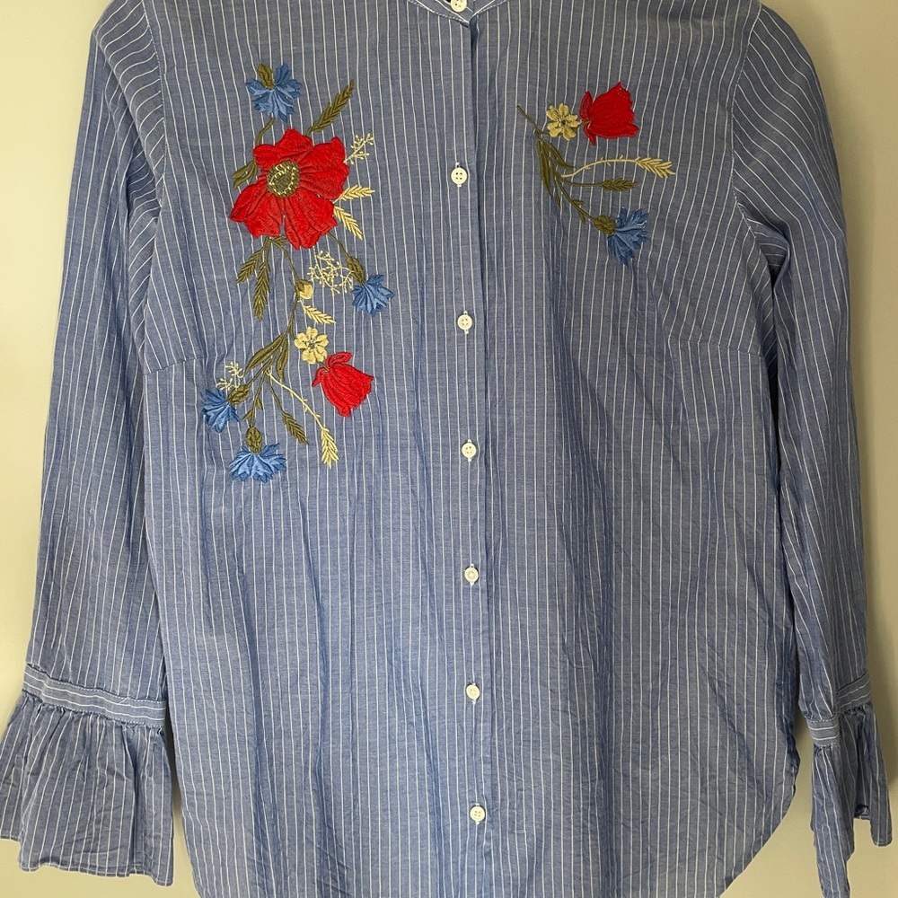 LOFT Blue Striped Top with Embroidery